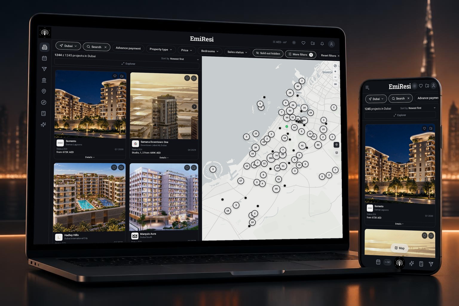 EmiResi on desktop and mobile — project map and listings